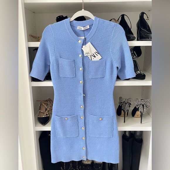 NWT GLOD BUTTON MINI KNIT DRESS BLUE  SIZE Small - Picture 5 of 14